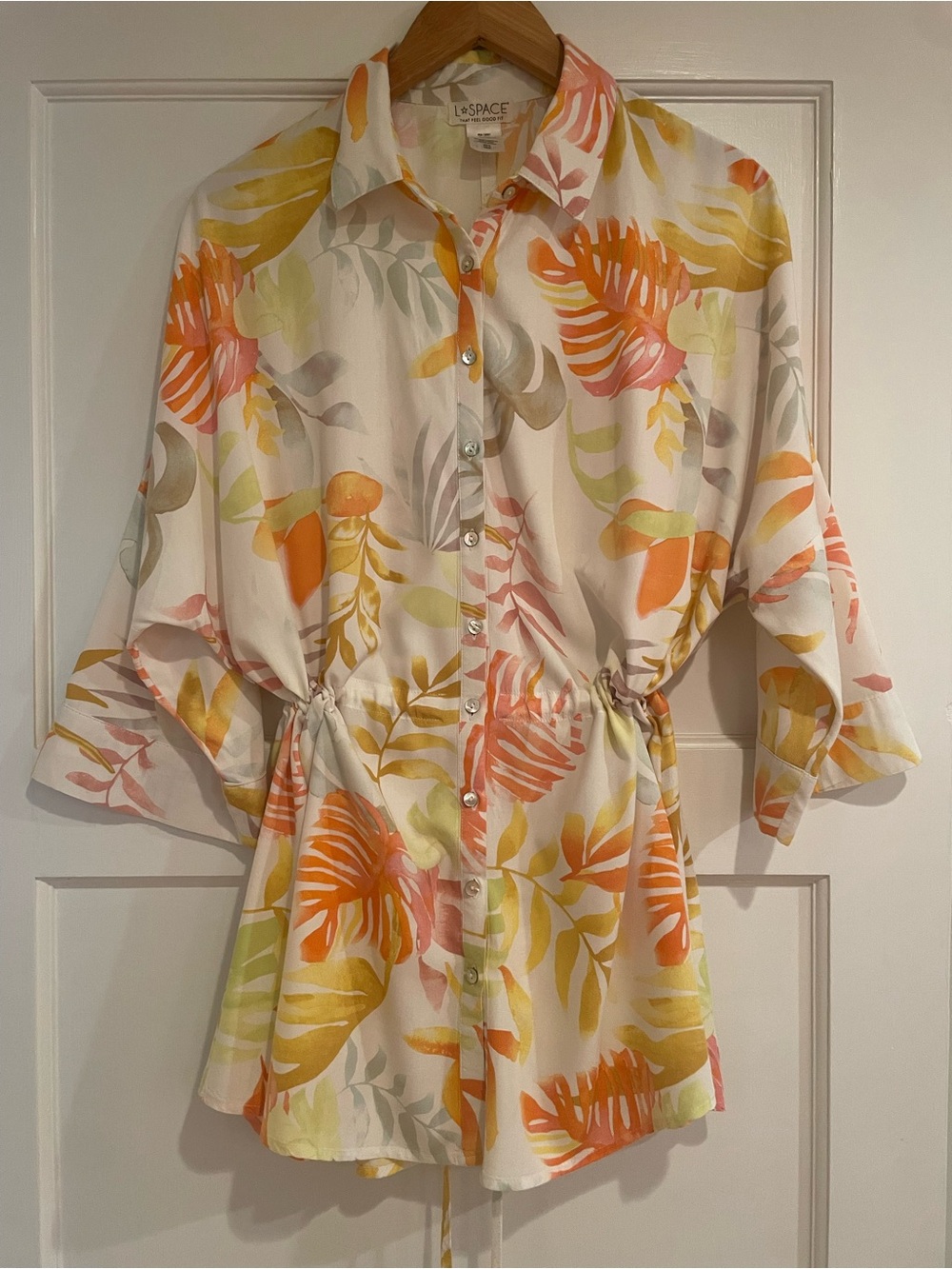 l*space Tropical Print Cinch-Waist Shirt Dress in Ivory with Coral & Yellow